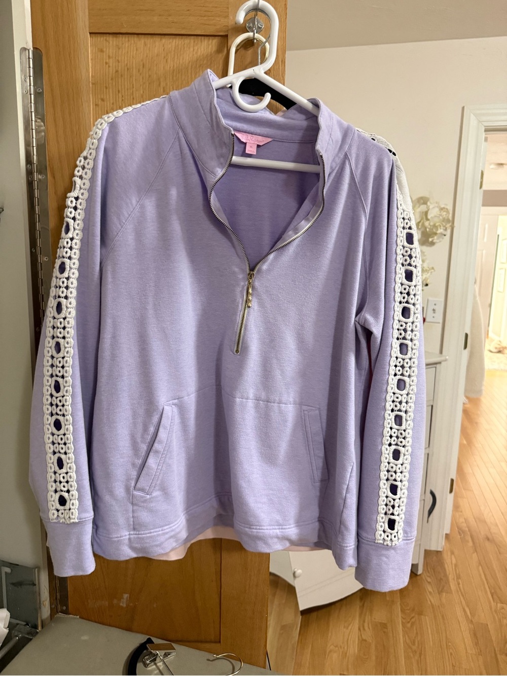 Lilly Pulitzer Lavender Quarter-Zip Sweater with White Crochet Trim